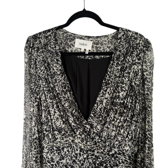 ba&sh Robe Ezra Noir Black White Mini Dress Ruched Chiffon Womens 3 US Large - Picture 3 of 10